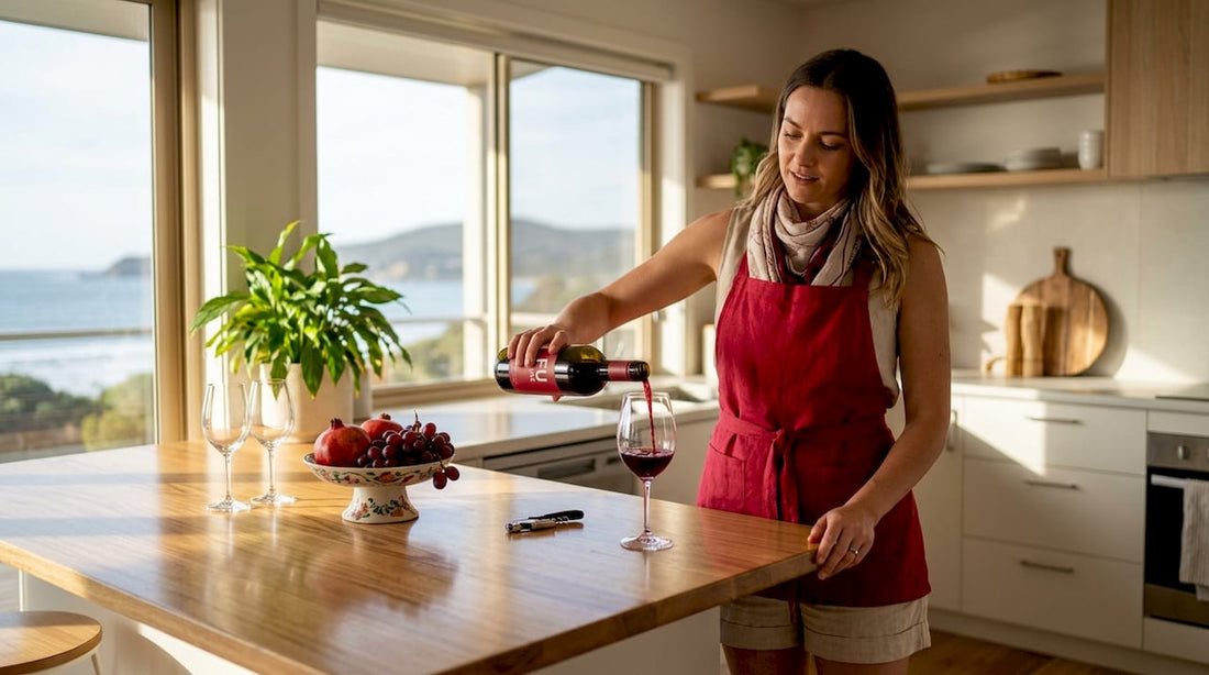 Woman pouring wine in casual kitchen setting