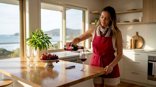 Woman pouring wine in casual kitchen setting