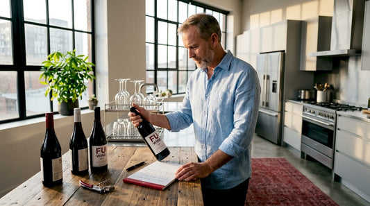Man reviews wine bottle in home kitchen