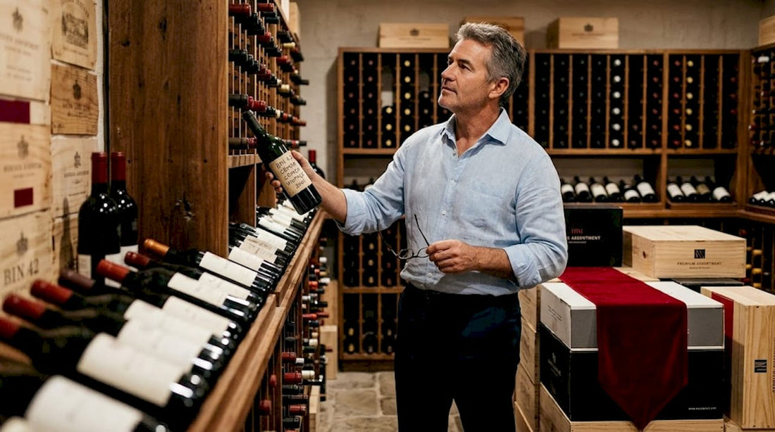 Collector examining bottles in personal wine cellar