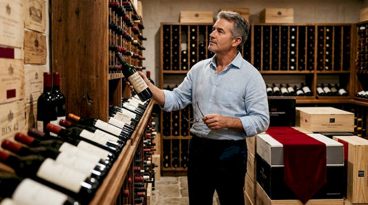 Collector examining bottles in personal wine cellar