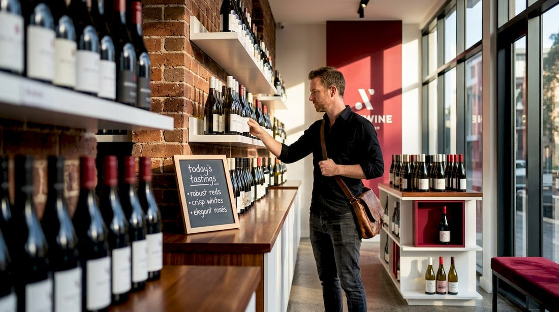 Man browsing wine bottles in independent shop