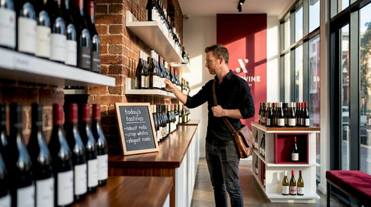 Man browsing wine bottles in independent shop
