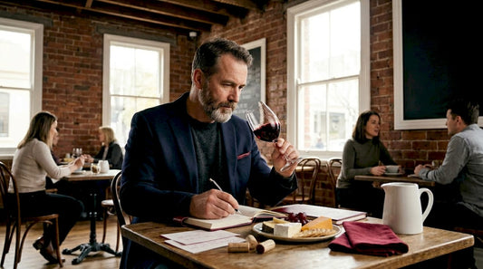 Wine critic evaluating wine at home desk