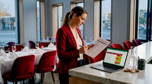 Manager checks wine list in casual bistro