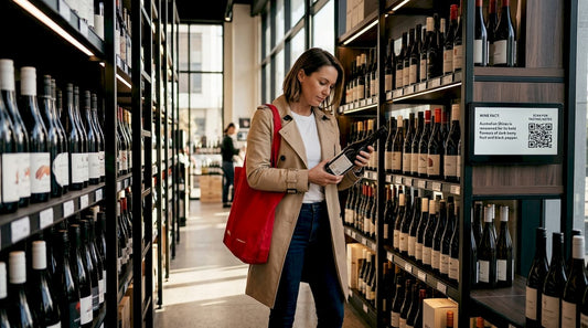 Shopper reading back wine label in store
