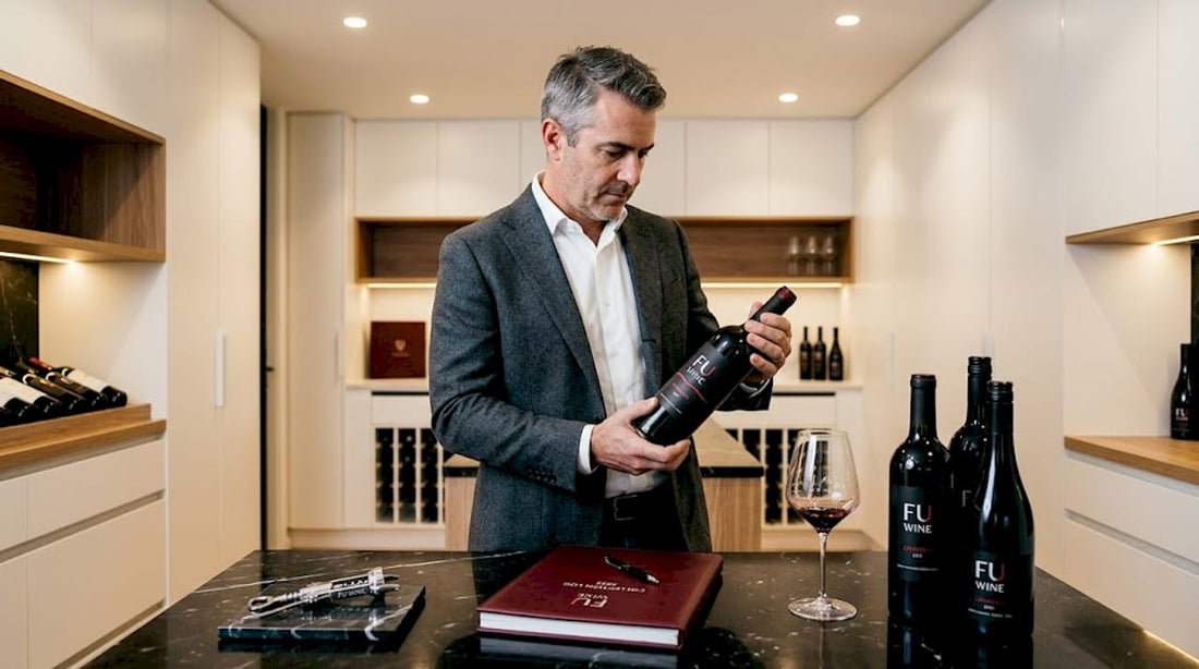 Collector examines wine bottle in home cellar