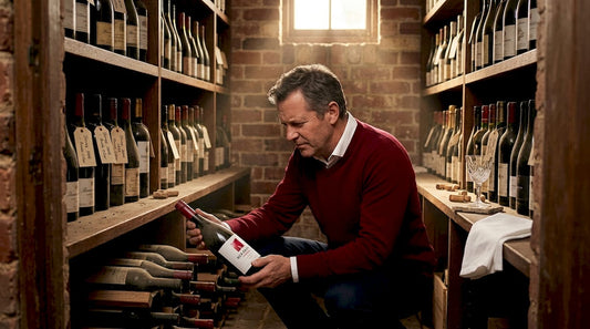 Wine collector selecting bottle in home cellar