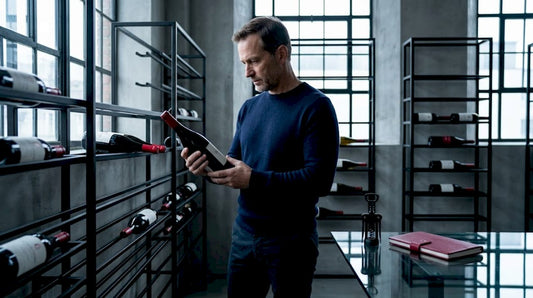 Wine collector studying bottle label in home cellar