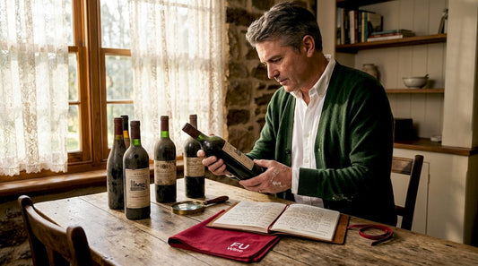 Wine collector examining old bottle in kitchen