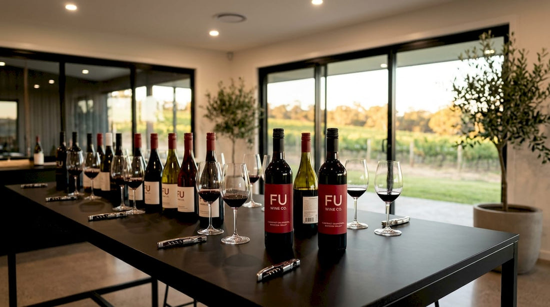 Assorted premium wine bottles on wooden table in cellar