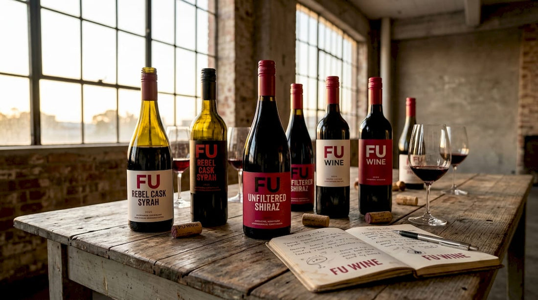 Bold anti-establishment wine bottles on rustic table