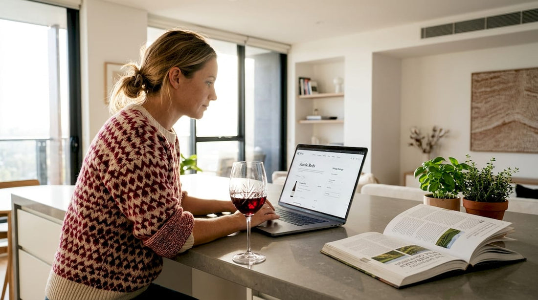 Woman browsing wine options online at home