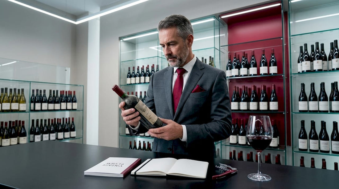 Sommelier inspecting rare vintage wine bottle