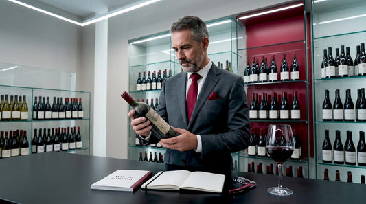 Sommelier inspecting rare vintage wine bottle