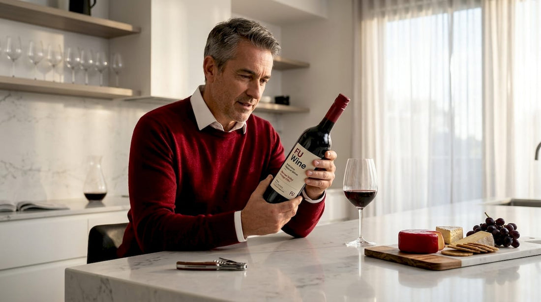 Person reading wine label at kitchen table