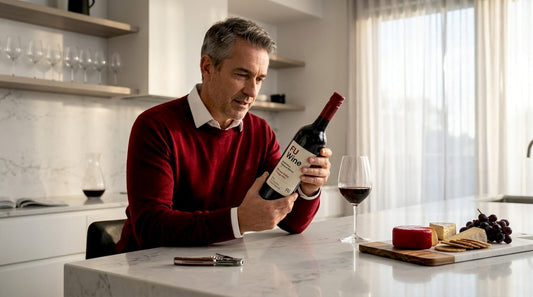 Person reading wine label at kitchen table