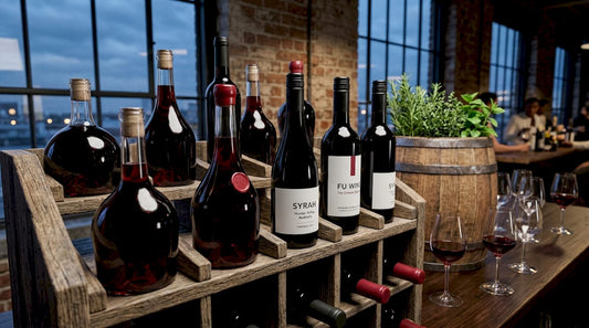 No-label wine bottles on retail shelf