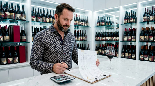 Wine shop owner reviewing pricing sheets