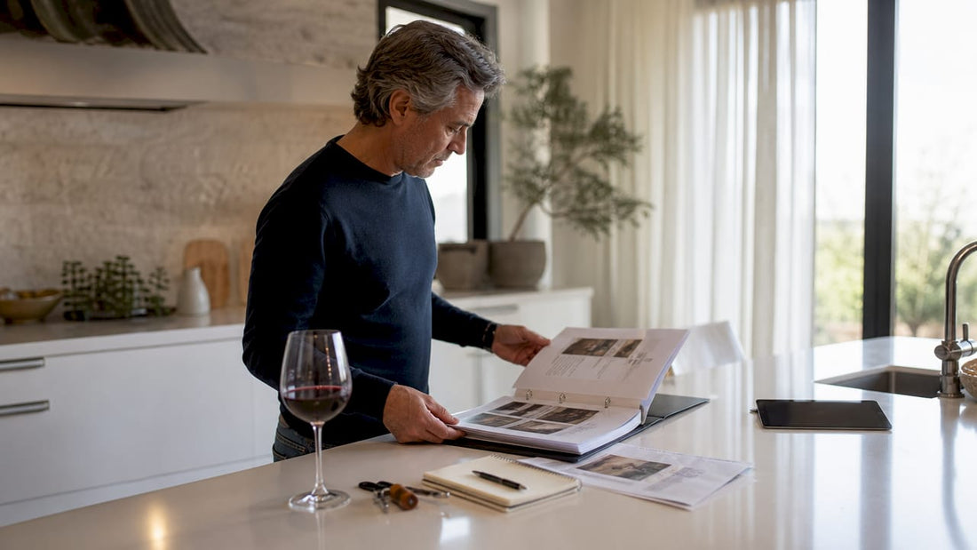 Wine collector reviewing auction catalogs at desk