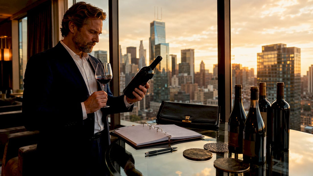 Corporate buyer reviewing premium wine in office