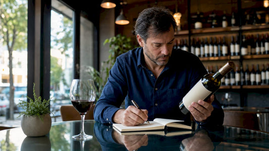 Man examining wine bottle in cozy wine shop