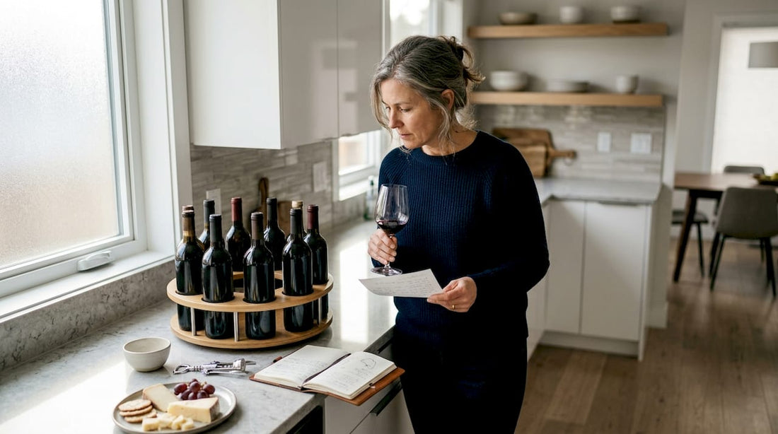 Woman tasting rotating wine selection at kitchen table