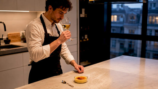 Sommelier pouring wine next to crème brûlée dessert