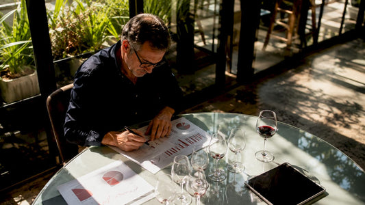 Wine market analyst reviewing printed reports
