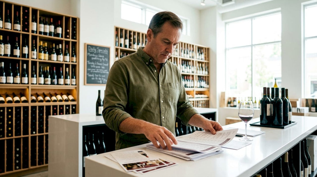 Wine collector reviewing wine deals at home