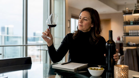 Woman tasting wine at home kitchen table