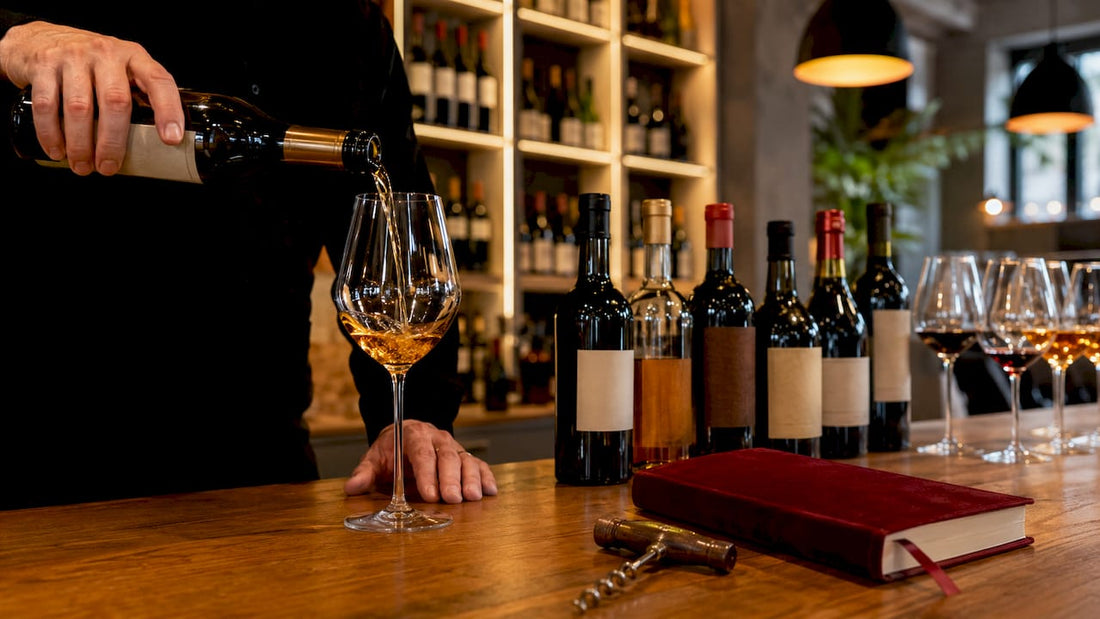 Sommelier pouring fortified wine in cellar