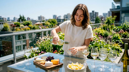 Woman pouring white wine outdoors in summer garden