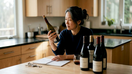 Woman examining wine bottles in cellar