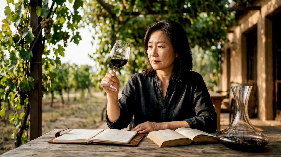 Woman tasting vintage wine in cozy winery room