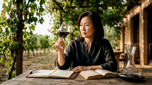 Woman tasting vintage wine in cozy winery room