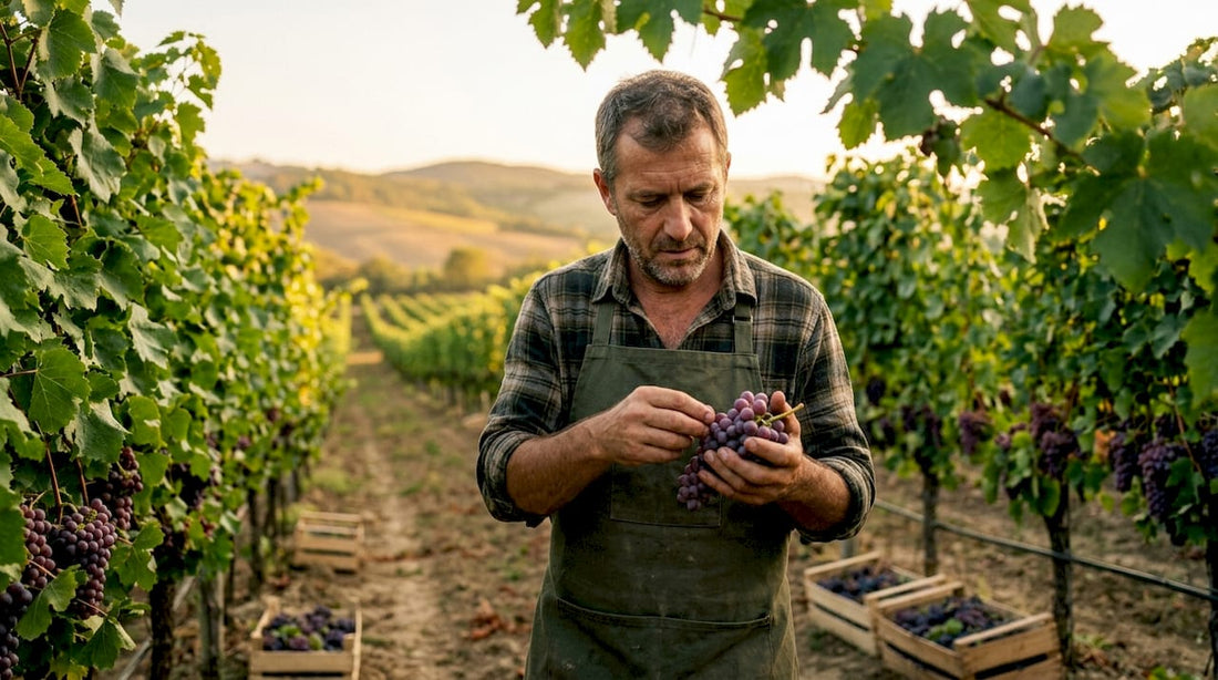 Boutique wine producer inspecting grapes in cellar
