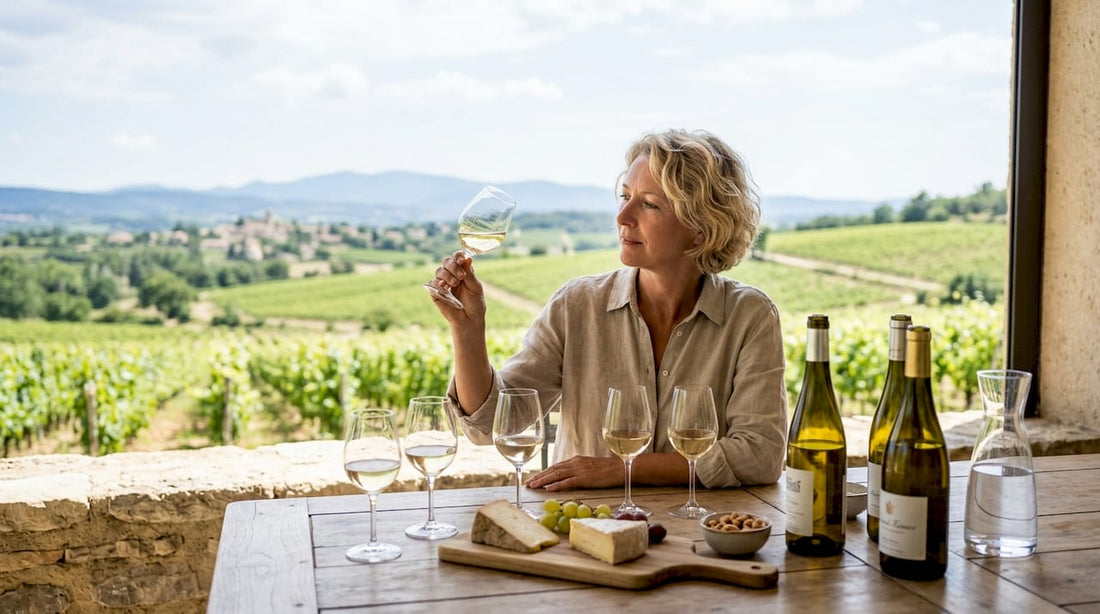 Woman tasting French white wine indoors