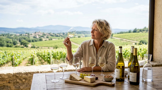 Woman tasting French white wine indoors