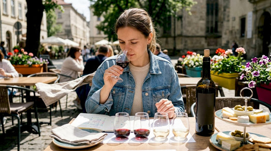Woman tasting and noting wine characteristics
