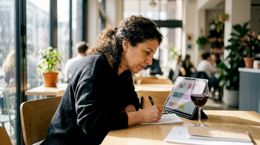 Woman comparing wine alternatives online