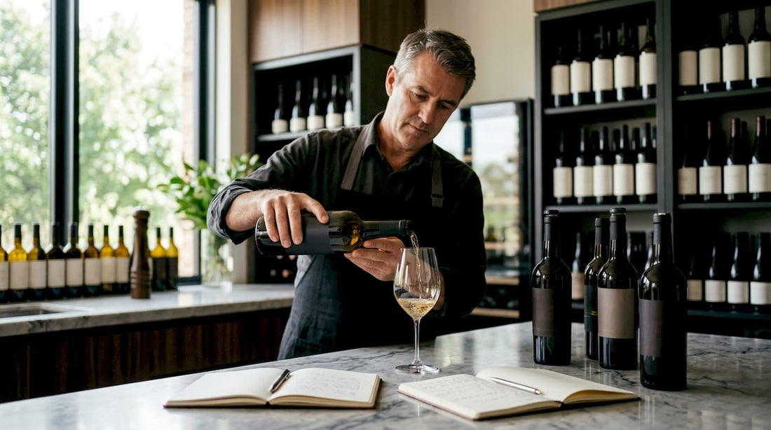 Sommelier tasting white fortified wine in cellar