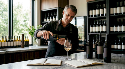 Sommelier tasting white fortified wine in cellar