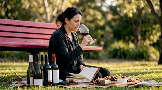 Woman thoughtfully smelling red wine at home