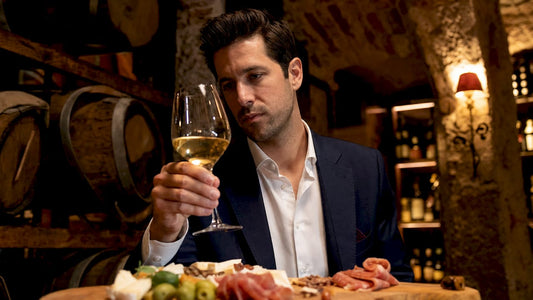 Sommelier inspecting white wine color in glass