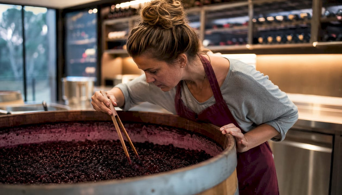 Vintner stirring red grape skins in fermenter