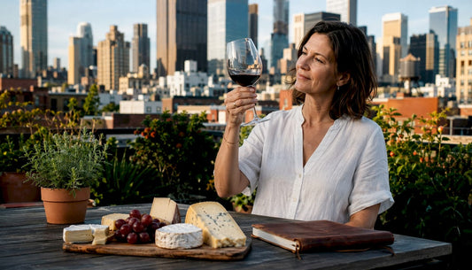 Woman savoring glass of red wine at kitchen table