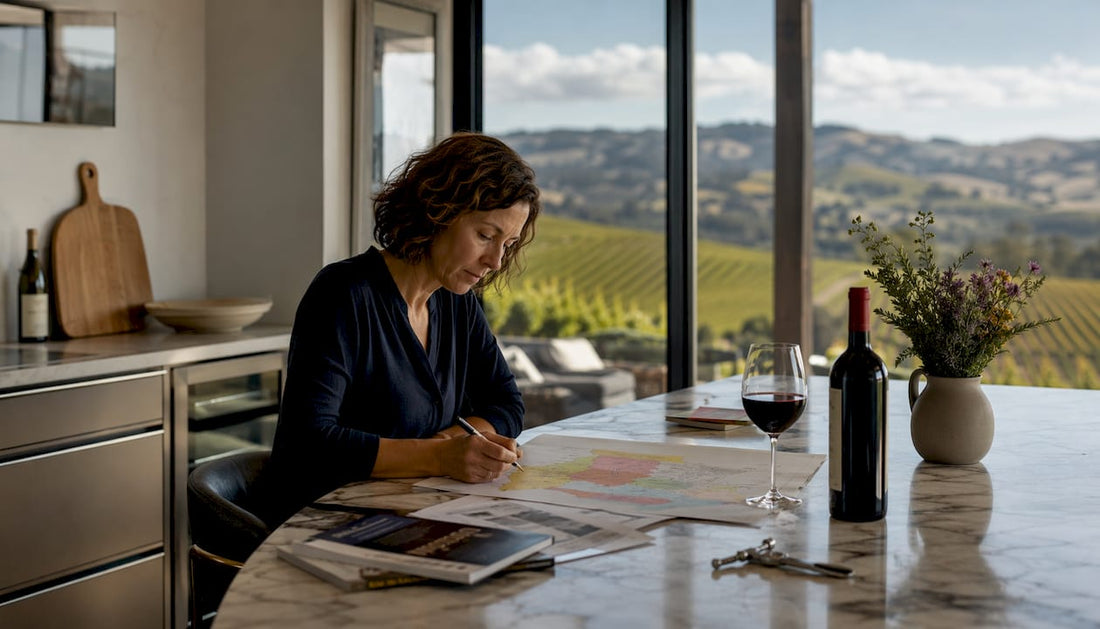 Woman studying Australian wine regions at table
