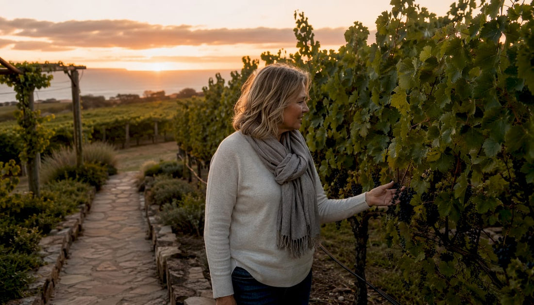 Woman examining grapes in vineyard at Margaret River