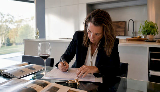 Woman reviewing wine allocation list at home